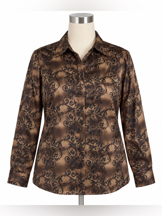 Notations Tops - Notations Blouse‎ Womens 16W Brown Floral Satin Button Front Long Sleeve Top